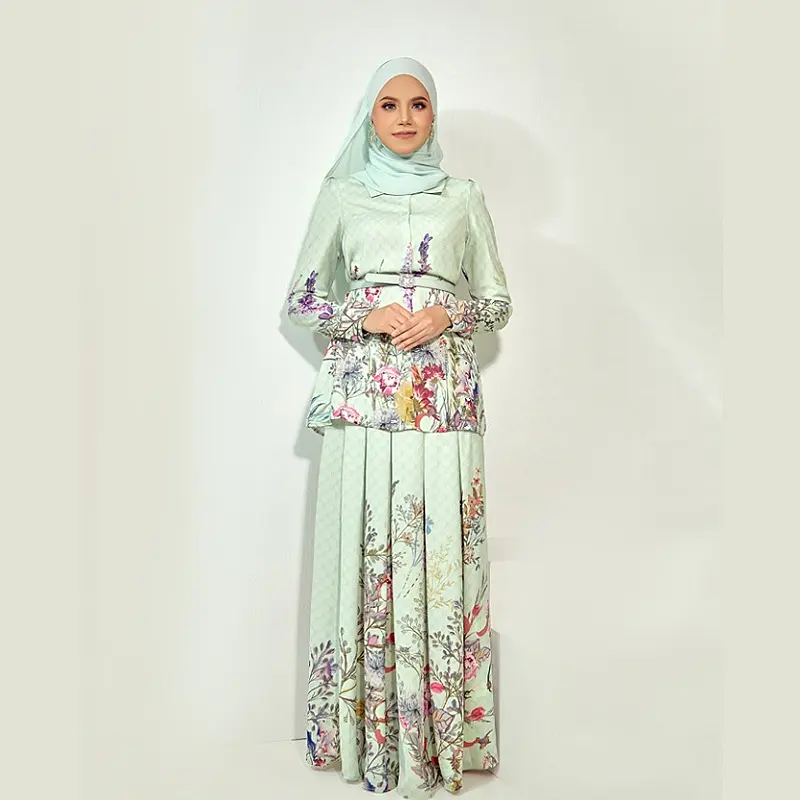 SIPO Eid Plain Satin Onlinen 2pcs Modern Malaysia Muslim Dress Green Flower Lace Embroidery Baju Kurung Modest Set