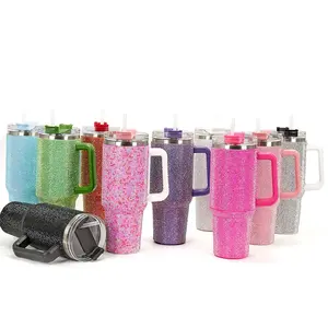 Venta al por mayor caliente brillante completo Bling Rhinestone taza 40oz acero inoxidable aislado al vacío vaso con asa y pajita