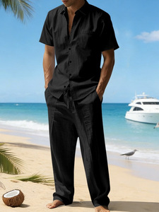New European and American Style <strong>Men's</strong> <strong>Linen</strong> Casual Solid Color Short-sleeved <strong>Shirt</strong> and Trouser Suit, Summer <strong>Linen</strong> Material - Product Image 6