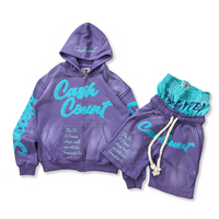 Hoodie court zippé pour femme, motif imprimé vieilli, coupe oversize, ensemble short de survêtement en coton, streetwear de haute qualité