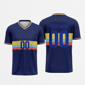 Maillot de sport pour homme bleu marine à col rond, personnalisable avec logo et nom d'équipe, imprimé numériquement, design uni, respirant et à séchage rapide - Product Image 1