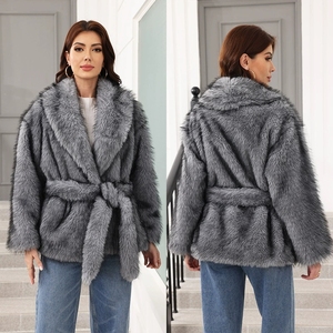 Women's tie-front faux fur long-sleeved mid-length fox fur <b>cardigan</b> winter <b>coat</b> wholesale OEM ODM - Product Image 2