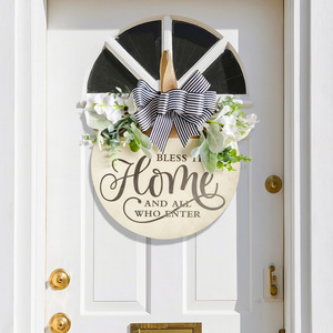 Decorazione con Fiori Artificiali, Fiocco e Targa Sospesa, Insegna di Benvenuto in <span class=keywords><strong>Legno</strong></span> con Design Inciso in Stile Rustico - Product Image 3