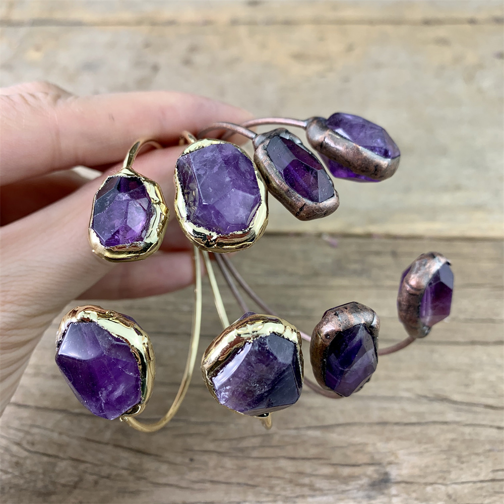 LS-A3666 amazing high quality plated stone gemstone bangle bracelet,hot amethyst crystal birthstone double stone bangle cuff