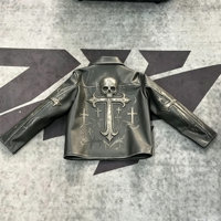 Veste en cuir PU pour homme, style streetwear vintage, imprimé croix métallique, impression DTG Kornit, vente en gros OEM