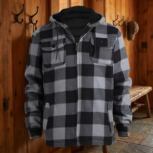 Boomletcorp Custom Casual Hooded Winter Fleece <b>Jacket</b> Men Oversized <b>Flannel</b> Plaid Regular Sleeve Canvas Fabric Zipper Quick Dry - Product Image 3