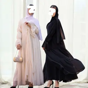 2023 waist puff sleeve cardigan Dubai elegant dress manufacturers Kimono Summer Chiffon Raffle abaya women muslim dress