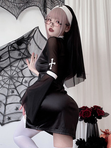 Mujeres Halloween <span class=keywords><strong>Sexy</strong></span> monja Cosplay disfraz vampiro Cruz estilo gótico oscuro negro vestido de monja con tocado carnaval ropa de juego de rol - Product Image 5