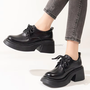 Chaussures à talons épais de style britannique pour femmes, grande taille, bout rond, chaussures décontractées à talons hauts en cuir, nouvelle collection printemps - Product Image 2