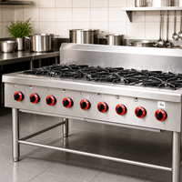 Cuisinière à gaz commerciale moderne en acier inoxydable de 58 pouces avec 8 brûleurs, plaque de cuisson et gril Lava intégré