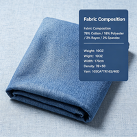 Tissu denim extensible 10OZ en stock usine 78% Coton 18% Polyester 2% Rayonne 2% Spandex 66/67" Respirant Résistant à l'abrasion