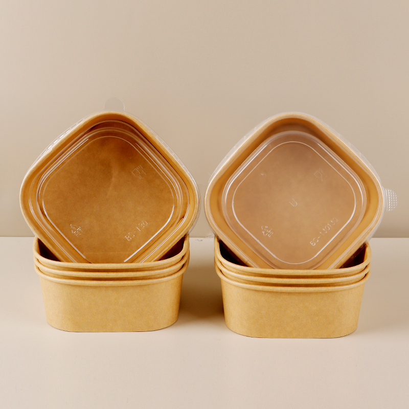 Restaurant Packaging Disposable Square Paper Bowls & Plates Lid Matt Lamination Eco-Friendly Fast Food Container for Sushi Pasta