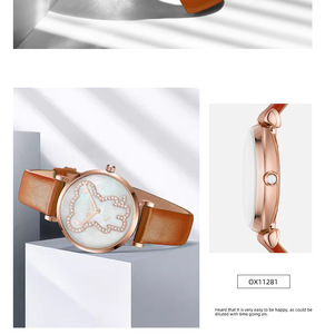 Reloj de cuarzo redondo de oro rosa para mujer, correa de cuero roja, esfera analógica, diseño de oso de dibujos animados con diamantes de imitación, 30 mm - Product Image 4