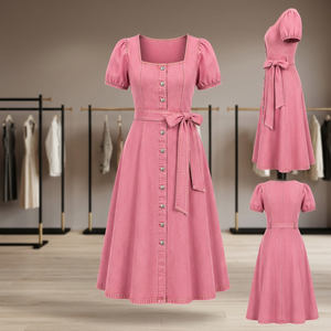 Robe midi rose effet denim à col carré, manches courtes, coupe trapèze, décontractée, avec ceinture, imprimé numérique naturel, en coton, élégante pour le printemps et l'été - Product Image 3