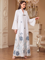 Robe longue musulmane élégante à col montant, imprimé floral, en polyester, avec broche métallique et poignets à revers, manches longues, coupe modeste