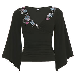 Chemise en tissu tricoté vintage, écologique, broderie 3D, col en V, bloc de couleur, manches évasées, manches longues - Product Image 6