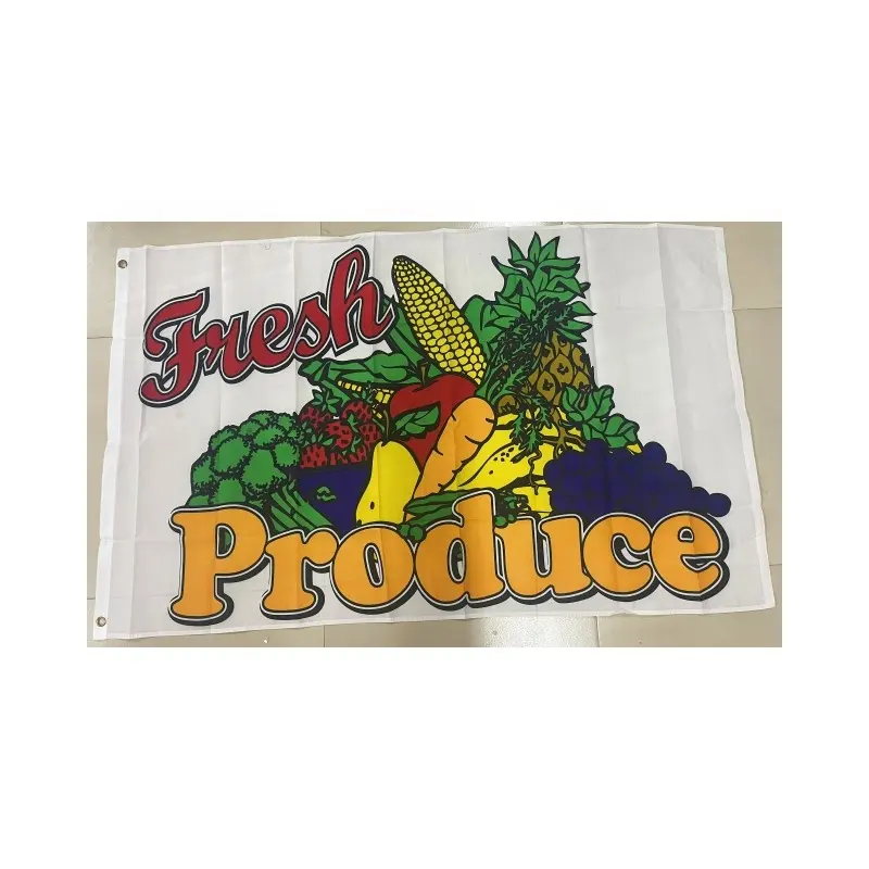 Personalizado productos frescos frutas y verduras al aire libre Bandera de plumas bandera de playa voladora país azul amarillo rojo