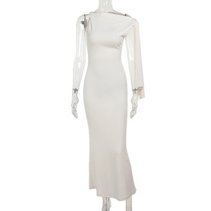 Vestido largo de sirena elegante de un solo hombro con lazo para mujer, color liso, ajustado, sexy y sencillo, estilo bandage, para verano 2026, venta al por mayor - Product Image 1