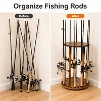 Support de canne à pêche et porte-cannes vertical rond en bois naturel XF Model Round 2 pour extérieur et salon avec rangement