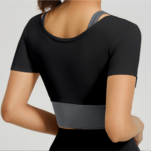 Wholesale Women's <b>Built</b>-<b>in</b> <b>Bra</b> Pad Yoga <b>Top</b> 2 <b>in</b> 1 Layered Short Sleeve Workout Shirt Slim Fit Breathable Athletic Wear OEM ODM - Product Image 4