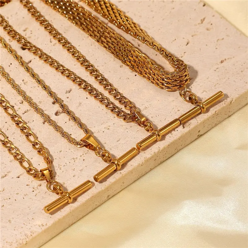 Anti Tarnish Jewelry Fashion 18K Gold Plated Stainless Steel Twist Rope Figaro Cuban Mesh Chain T Bar Pendant Choker Necklace