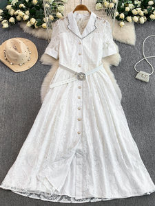 Abito Elegante in <span class=keywords><strong>Pizzo</strong></span> Stile Francese con Colletto, Vestito Basico da Donna Primavera Autunno con Fibbia <span class=keywords><strong>di</strong></span> Perle in Vita, Gonna Lunga Elegante - Product Image 2