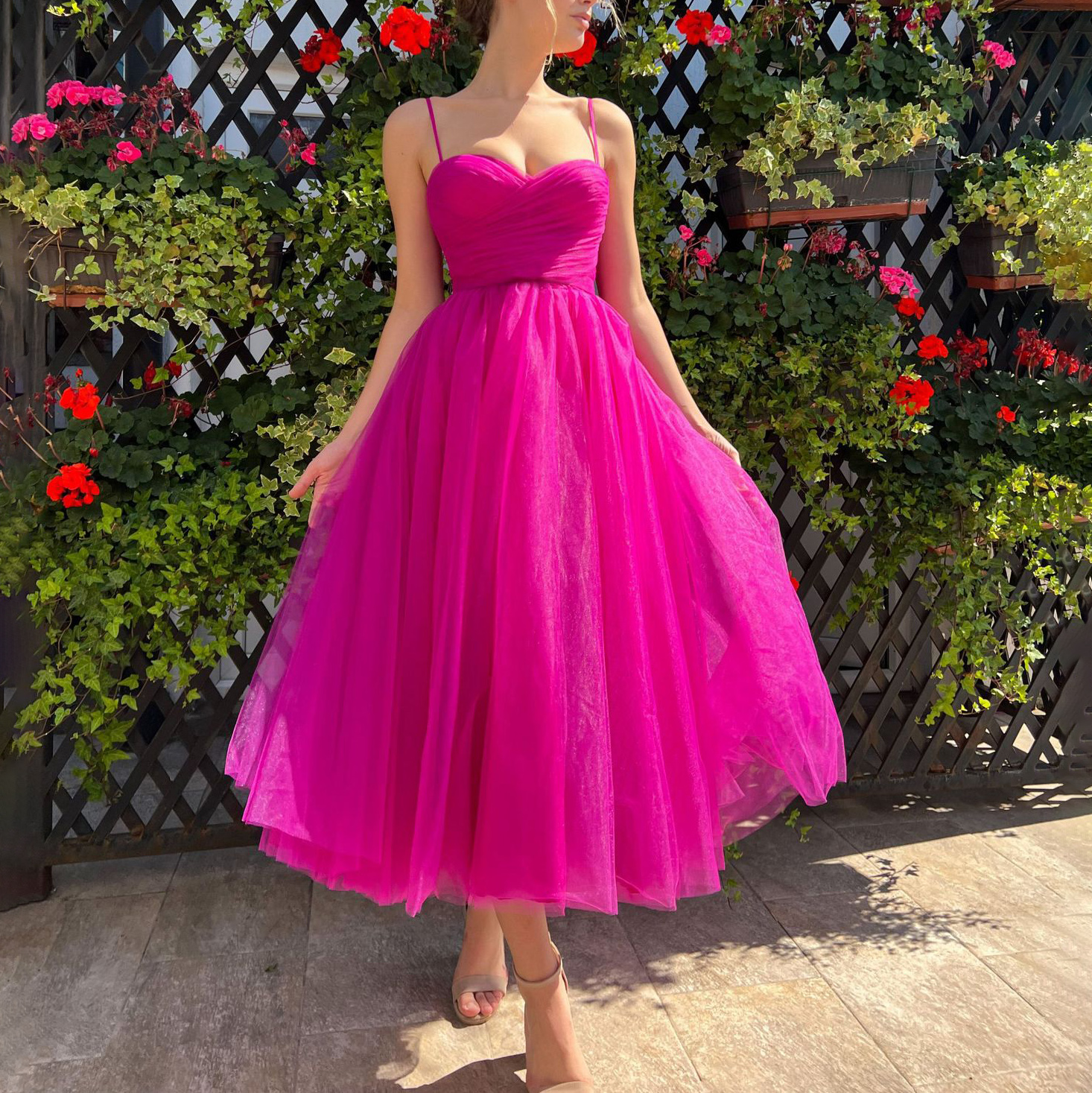 Pink Tulle Dress Women - Elegant Floral Maxi Gown