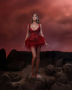 Vestido de Fiesta Rojo Sexy con Cuello en V y Adornos de Plumas, Sin Mangas, Mini Vestido <span class=keywords><strong>para</strong></span> Baile de Graduación, Cóctel, Noche - Product Image 1