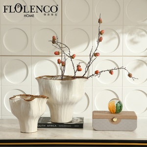 Vaso in Ceramica Flolenco Bianco Crema con Bordo Dorato <span class=keywords><strong>e</strong></span> Bordi Ondulati, Vaso Floreale Texturizzato per Composizioni di Fiori Secchi, Decorazione d'Interni - Product Image 1