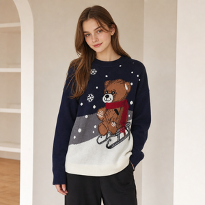 OEM Custom Women Navy Blue Jacquard <strong>Teddy</strong> <strong>Bear</strong> Snowflake Crew Neck Long Sleeve Pullover Sweater Wholesale OEM ODM - Product Image 2