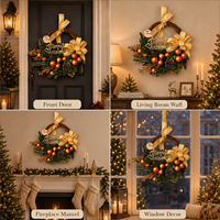 Guirlande de Noël artificielle demi-cercle en vigne avec nœud doré, boules de cuivre et pommes de pin pour porte d'entrée, fenêtre, cheminée – Décoration de fêtes