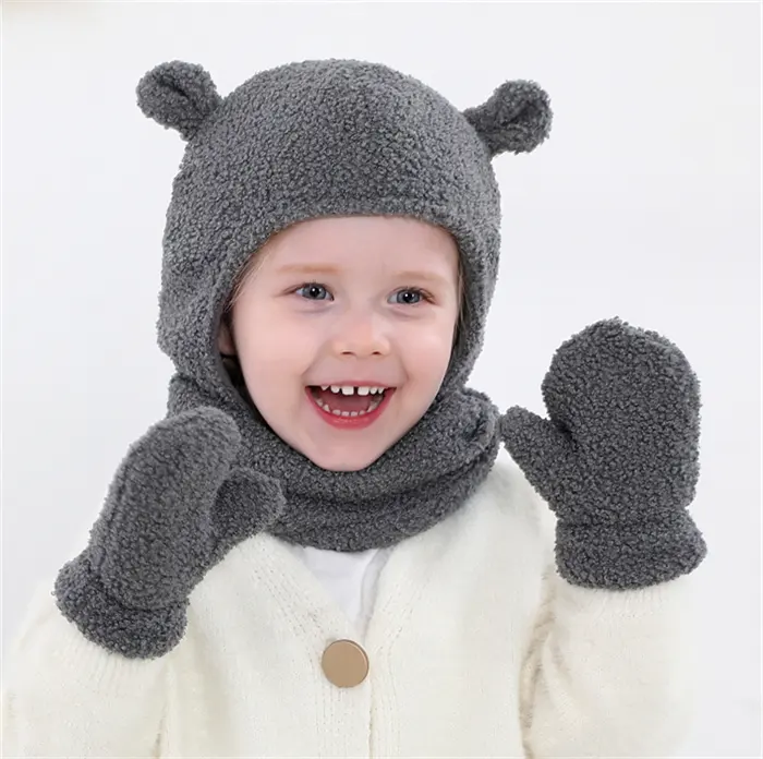 SZ612 Cute Bear Patterns Warm Hat Fleece Mittens Earflaps Thick Winter Beanie Hats and Scarfs and Gloves Set for Toddler Kids