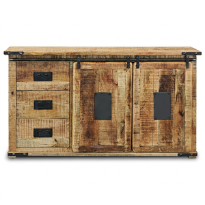 Buffet vintage en bois indien récupéré, meuble TV avec deux portes et trois tiroirs, rangement rustique en métal - Product Image 1