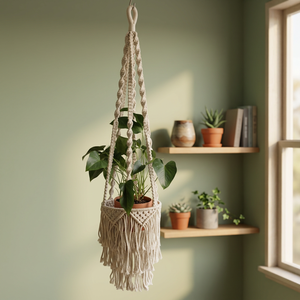 Porte-plante en macramé écologique fait main, corde en coton blanc, porte-plante suspendu avec pompons, décoration bohème pour la maison, provenant du Rajasthan - Product Image 3