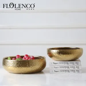 Jarrones de cerámica redondos para decoración de mesa, cuencos de porcelana decorativos grandes de lujo de estilo nórdico y dorado