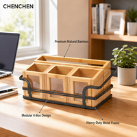Caixa Organizadora Modular de Talheres em Bambu com 4 Compartimentos e Janela Transparente para Bancada de Cozinha