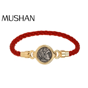 Bracelet MuShan en argent avec pièce de monnaie antique grecque d'<span class=keywords><strong>Alexandre</strong></span> et de Zeus, chaîne en corde rouge tressée 925 - Cadeau pour les occasions de mariage et de fête - Product Image 1