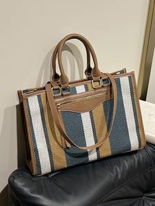Sac fourre-tout vintage en cuir véritable pour femmes 2024 nouvelle couleur sac à main rayé fermeture à glissière étanche - Product Image 6