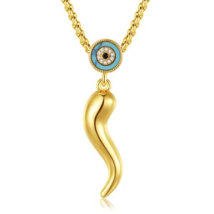 Nuevo Collar con Colgante de Cuerno Italiano, Chapado en Oro de 18K y Rodio, con Turquesa y Circonitas Microincrustadas, Símbolo de Protección y Buena Suerte - Product Image 1