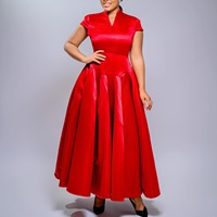 Robe de soirée formelle sur mesure OEM ODM pour femme, grande taille, en satin, col en V, col montant, manches courtes, coupe évasée et volumineuse
