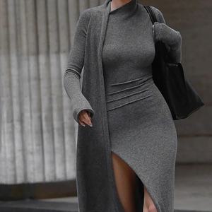 Vestido largo ajustado de punto personalizado de alta calidad para mujer, ropa de calle de moda, vestido largo sexy con abertura alta para mujer - Product Image 4