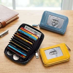 WRIZA Étui à cartes en cuir protégé par RFID avec fentes accordéon, compartiment zippé, design élégant, rangement sécurisé, utilisation quotidienne élégante - Product Image 2