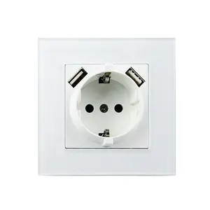 EU Power Sockets With 2 Usb Charger Ports Wallpad White Tempered Glass Frame EU Electric USB Wall Socket Outlet 220V