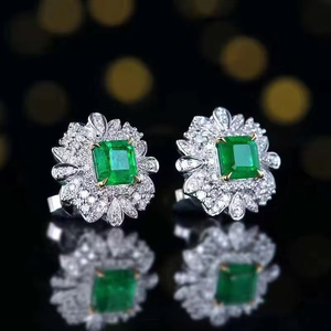 Rectangular Cut Natural <b>Emerald</b> <b>Stud</b> Earrings 18K Solid Gold Double Layer Floral Diamond Halo Fine Women Gemstone Jewelry - Product Image 3