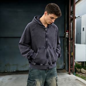 Sweat à capuche zippé en molleton pour homme, grande taille, 100 % coton, poids lourd, coupe ample, effet délavé Aicd, pour streetwear, fournisseur en vogue, personnalisable, hiver - Product Image 1