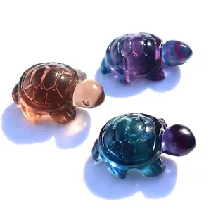 Hand Carved Natural Rainbow Fluorite Crystal Mini Tortoise Statue Quartz Crystal Turtle Carvings