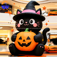 Chat noir gonflable géant d'Halloween avec chapeau de sorcière et citrouille pour centre commercial, jardin, fête, décoration extérieure de vacances avec souffleur