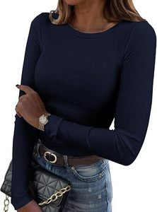 T-<span class=keywords><strong>shirt</strong></span> d'été décontracté pour <span class=keywords><strong>femme</strong></span> 2026 à manches longues, <span class=keywords><strong>col</strong></span> <span class=keywords><strong>rond</strong></span>, en maille côtelée extensible, polyester/nylon, coupe ajustée, couleur unie, doux - Product Image 6