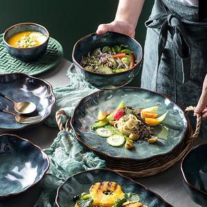 Creative Kiln Transformed Ceramic Tableware <b>Set</b> Unique Green Glaze Salad Bowl Dinner <b>Plate</b> <b>Sets</b> for Hotel Restaurant Dinnerware - Product Image 4