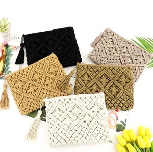 Wholesale Handmade <strong>Macrame</strong> Straw Rattan Casual Tote <strong>Bag</strong> with Zipper Closure Beading &amp; Chains-Colorful Knitting Crochet Design - Product Image 1